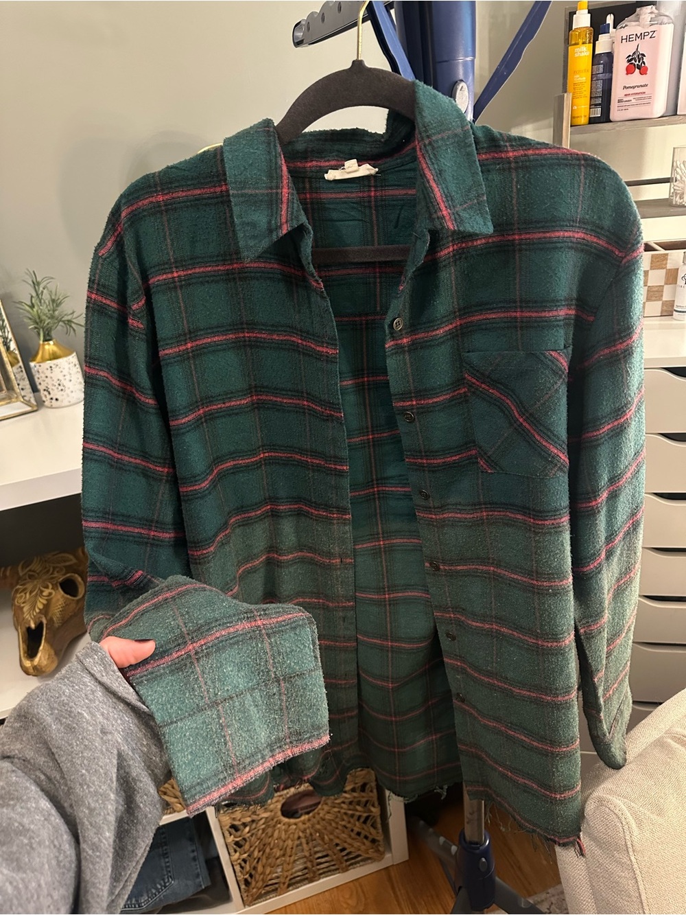 LA MIEL Green Plaid Shirt Jacket with Pink Stripe Detail